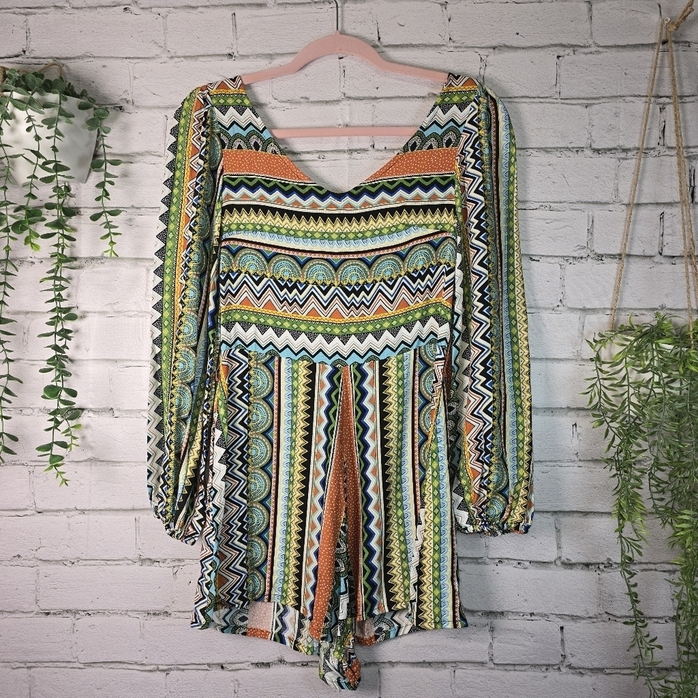 HOT AND DELICIOUS MULTCOLORED V-NECK ROMPER LONG BELL SLEEVE HIPPIE BOHO SMALL